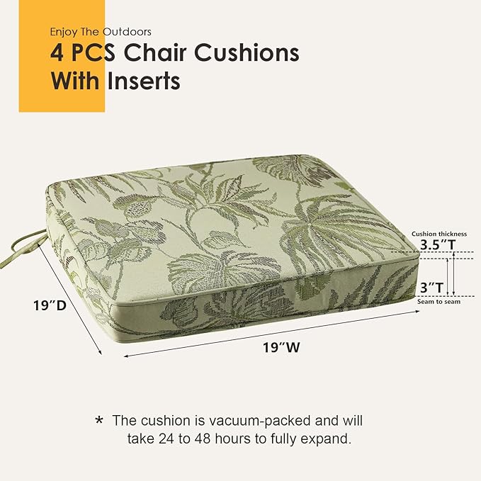 Outdoor Square Corner Seat Cushion, 19"x19"x3", Set of 4, Non Slip Seat Cushion Pads with Removable Cover for Patio Furniture, Garden Yard Lawn, Dark Green Vine-VerdiqueGarden