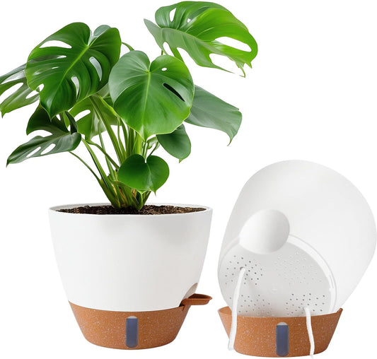 2 Pack 10 inch Plant Pots, Plastic Self Watering Planters with Drainage Holes, Deep Reservoir, Water Level Indicator, Modern Decorative Flower Pots for Indoor Outdoor Plants (White, 10 inch)-VerdiqueGarden