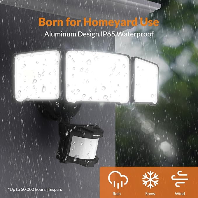 LEPOWER LED Motion Sensor Security Lights, 3 Head Motion Detected, 38W, 4200LM, Waterproof IP65, 5500K, Full Metal for Outdoor, Garage, Porch, Yard (Not Solar Powered, Black)-VerdiqueGarden