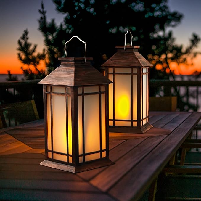 2-Pack 13" Vintage Candle Lantern with Led Flameless Candle (6hr Timer) - IP65 Waterproof Battery Powered - Outdoor Patio Hanging Lanterns Decorative Tabletop Lanterns-VerdiqueGarden