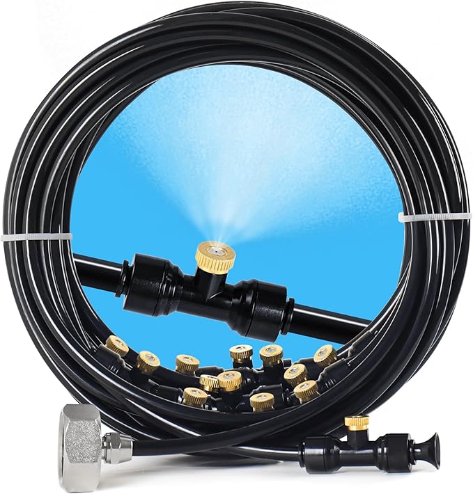 Bonviee Misters for Outside Patio, 100FT Misting Cooling System for Patio, 100FT (30M) Misting Line+28 Mist Nozzles+3/4" Brass Adapter, Pre-Assembled Garden & Greenhouse Watering System-VerdiqueGarden