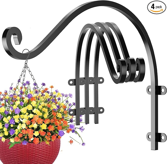 4 Pack Heavy Duty Plant Hanger Bracket, 16Inch Hanging Brackets for Plants Outdoor and Indoor, 80lbs Holding Capacity Metal Plant Wall Hooks, Black Hanging Plant Brackets for Flower Wind Bird Feeder-VerdiqueGarden