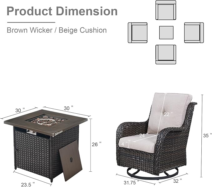 5 Pieces Patio Wicker Furniture Set - 4 Outdoor Swivel Rocker Glider Chairs with Propane Fire Pit Table, Warm Patio Conversation Set Beige Cushion Perfect for Casual Gathering-VerdiqueGarden