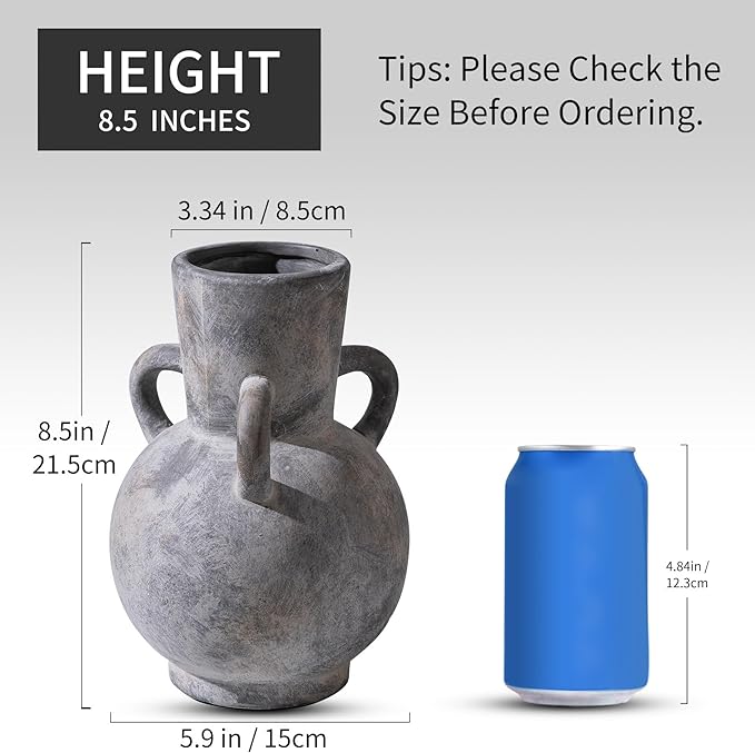 Rustic Grey Terracotta Ceramic Vase with Handles, Vintage Pottery Floral Vases, Cottage Core for Home Decor Table Centerpiece, Large Flower Vase for Bouquets Table Mantel Bedroon Bathroom 8.5 Inch-VerdiqueGarden