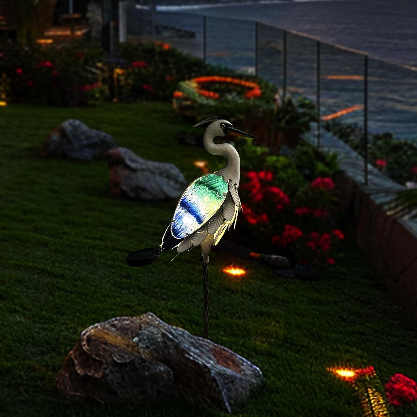 HONGLAND Solar Metal Crane Statue Garden Heron Sculpture, Glass Outdoor Heron Yard Art Coastal Ocean Bird Decor Lawn Ornament for Backyard Porch Patio Decor（24 Inch）-VerdiqueGarden