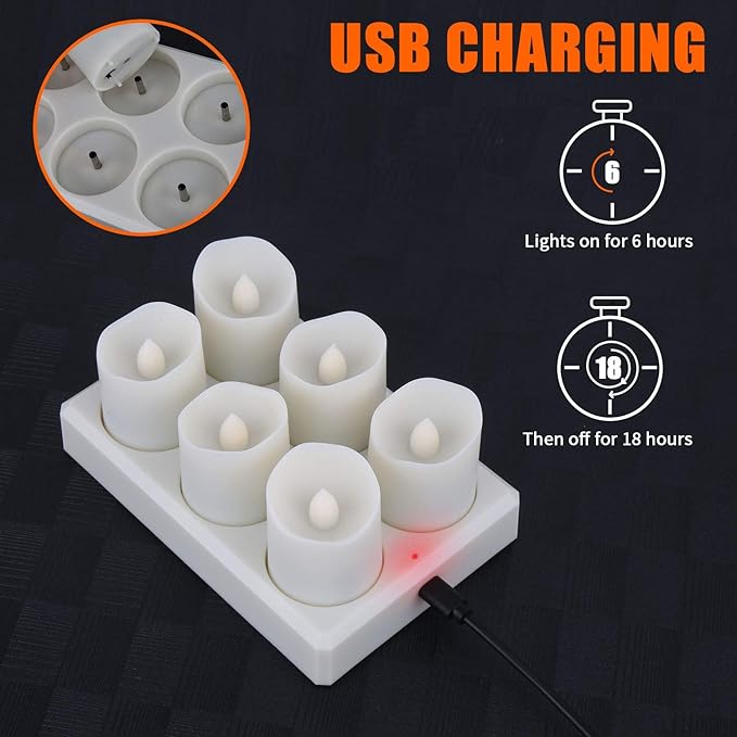Rechargeable Tea Lights LED Flameless Christmas Candles, Set of 6 Electric Votive Tealights Flickering Candle with Remote Timer and Charging Holder for Home Centerpiece Party Holiday Decorations-VerdiqueGarden