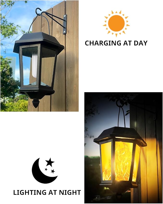 Solar Lanterns Outdoor Waterproof, Hanging Solar Lights with Glass Shade - 2 Pack LED Metal Wall Mount Outdoor Light for Yard/Garden/Patio - Flame-VerdiqueGarden
