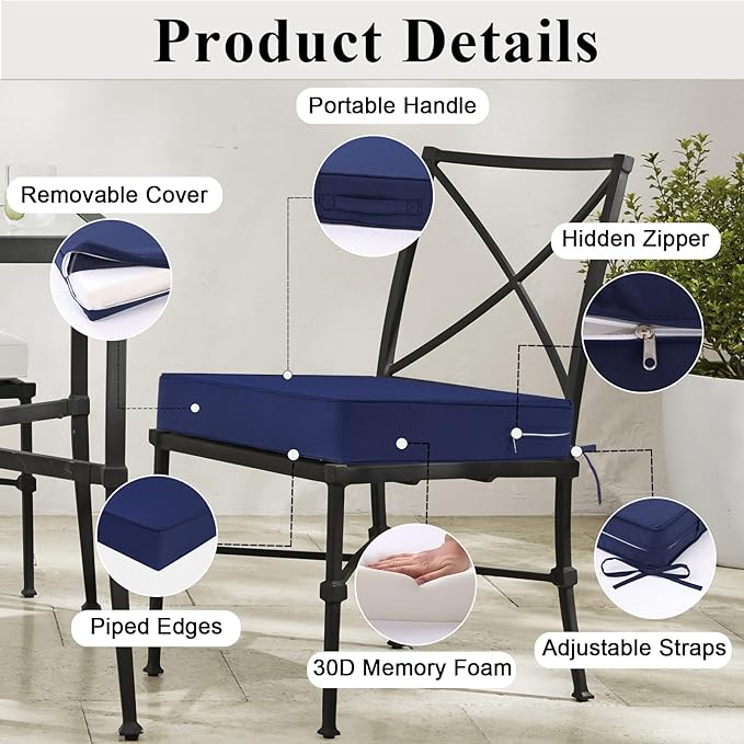 Outdoor Chair Cushions Set of 2 for Patio Furniture 22x22x4 Inch Waterproof Patio Chair Cushion 3 Year Color Fastness Square Elastic Foam Garden Sofa Couch Pads with Ties and Handle,Blue-VerdiqueGarden