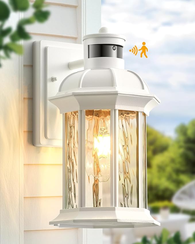 VIANIS White Motion Sensor Exterior Wall Light Lantern, Modern Dusk to Dawn Outdoor Porch Light Fixtures Wall Mount, Waterproof Outdoor Wall Sconce for Garage Entrance with Tempered Water-Ripple Glass-VerdiqueGarden