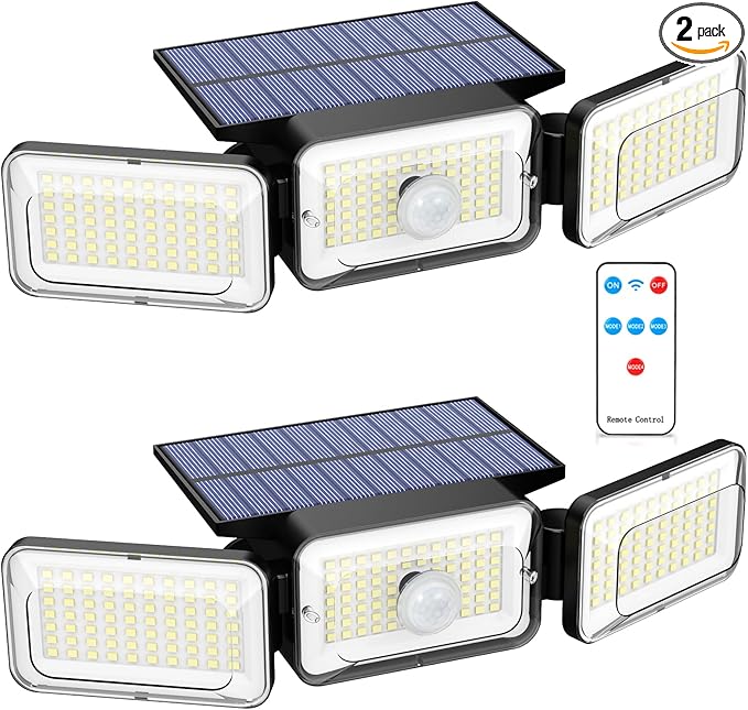Solar Lights Outdoor Waterproof, Motion Sensor & Flood Outdoor Lights with Remote Control, 4 Adjustable Modes, 3000LM & 218 LED, High-Energy-Density Solar Panel-Monocrystalline Technology, 2 Pack-VerdiqueGarden