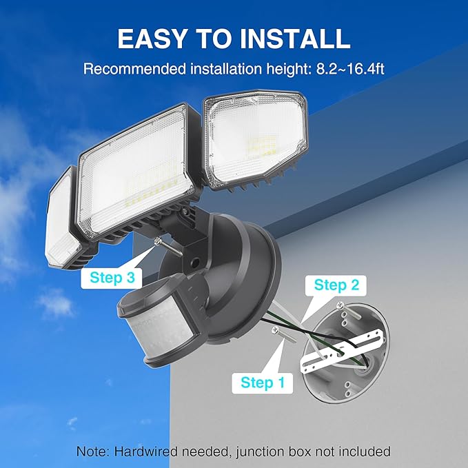 85W LED Security Lights Motion Sensor Light Outdoor, 8500LM Dusk to Dawn, IP65 Waterproof, 6500K, 3 Head Motion Detected Flood Light, Floodlight for Outside, Garage, Yard, Porch (Black)-VerdiqueGarden