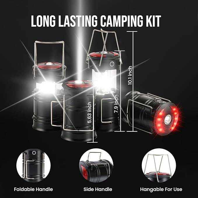 Lichamp 4 Pack Camping Lanterns Rechargeable and Battery Powered, Dual Power Source and 4 Mode Lantern Flashlight COB Camp Light for Power Outages, Camping Supplies and Home Hurricane Supplies, E4BK-VerdiqueGarden