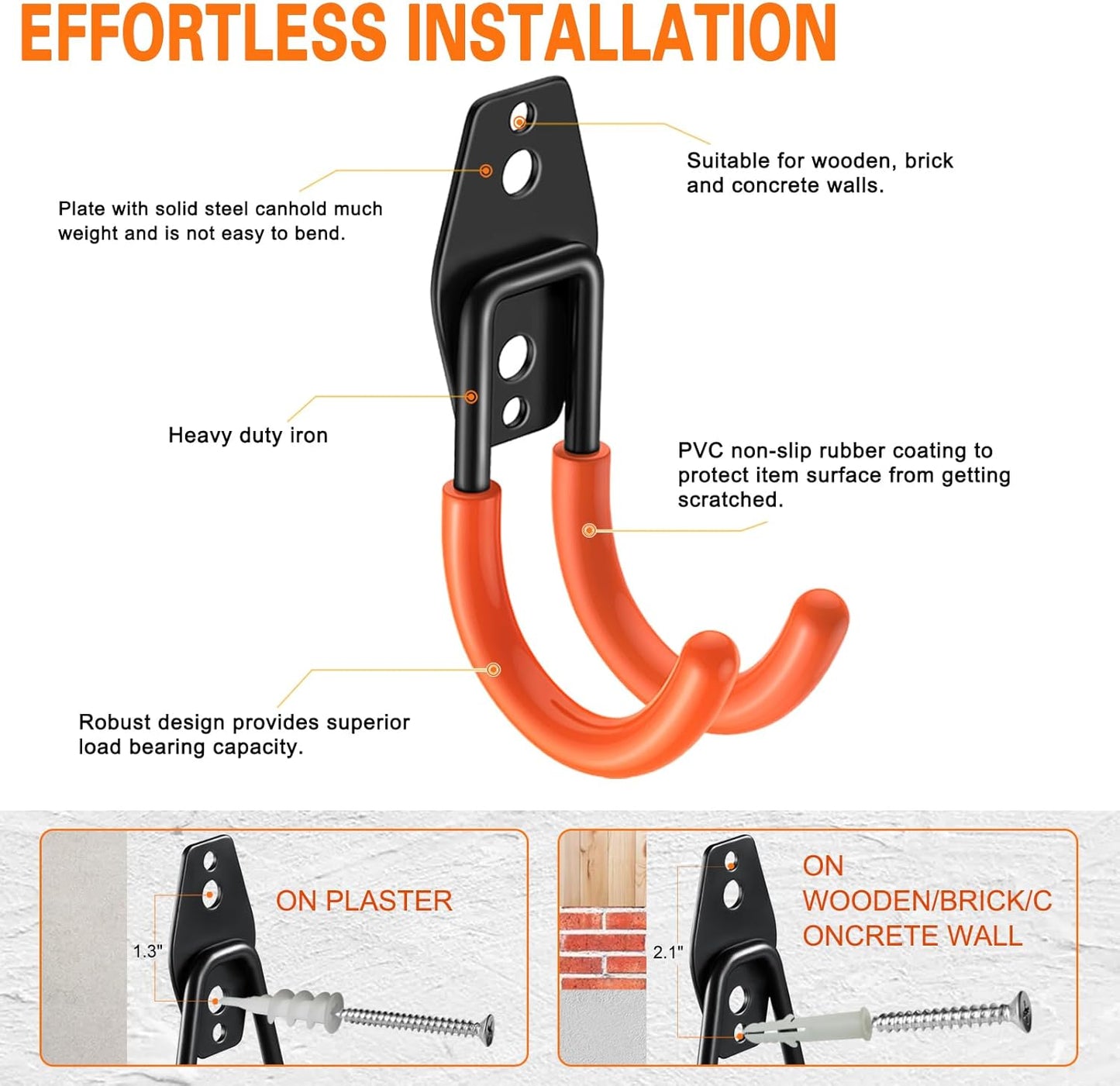 Heavy Duty Garage Hooks 6 Pack, J Shaped Hanger, Wall Mounted Storage System, Power and Garden Tool Organizer, for Hanging Ladders, Bikes Tires, Hose, Bulk Items-VerdiqueGarden