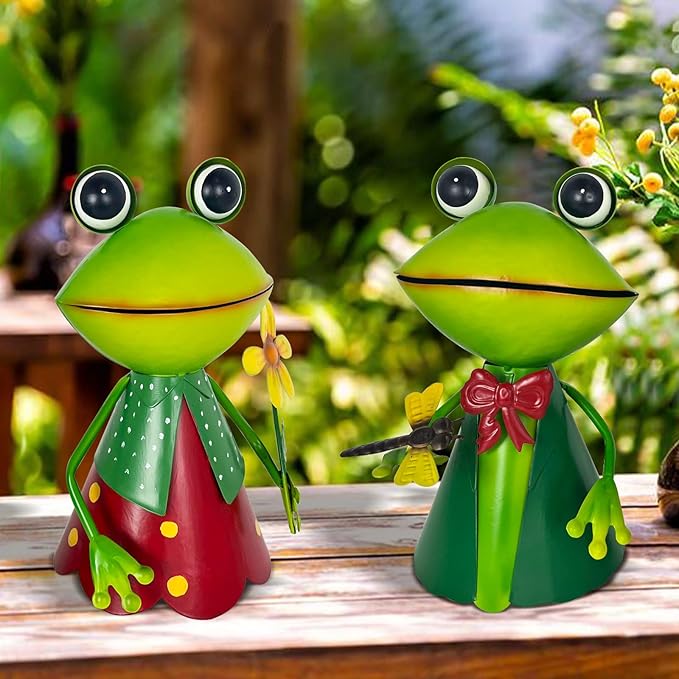 HONGLAND Frog Metal Yard Art - Cute Frogs Garden Decor for Outside - 3D Frog Figurines Outdoor Statues for Lawn Patio Pathway Yard Holiday (with Flower)-VerdiqueGarden