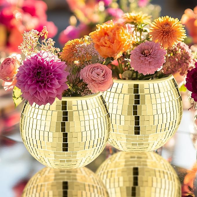 2 Pcs Disco Ball Vase,5 x 6 Inch Mirrored Disco Ball Planter,Disco Ball Candle Holders Perfect Disco Decorative Planters for Living Room Bedroom Table Wedding Party Birthday(Gold)-VerdiqueGarden