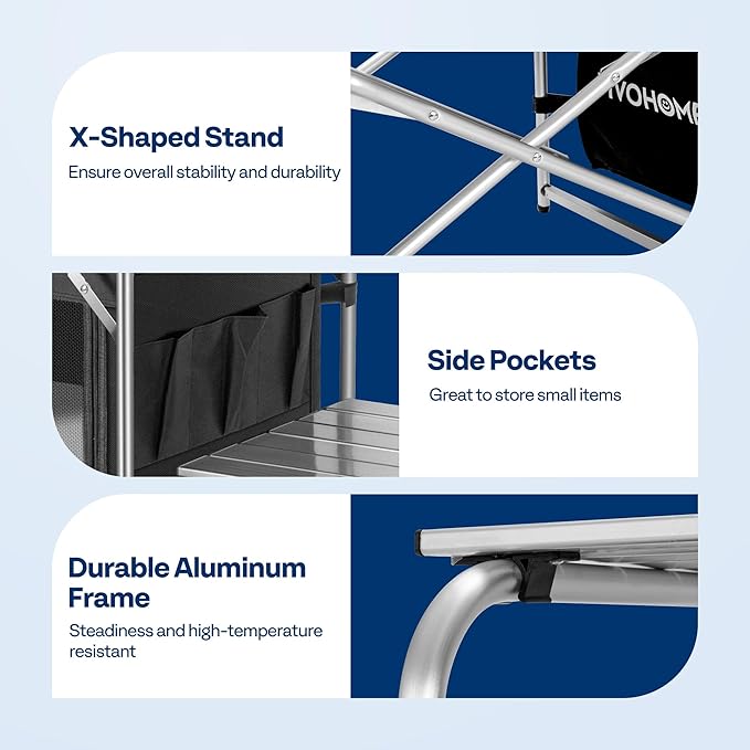 VIVOHOME Folding Camping Kitchen Station Table with Storage Organizer, 2 Side Tables, Stainless Steel Windscreen, Outdoor Portable Cook Station for BBQ, Picnics-VerdiqueGarden