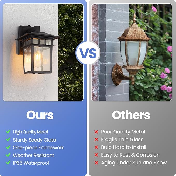 Outdoor Wall Lantern, Exterior Lighting Fixtures Wall Mount, 2 Pack Black Outdoor Sconce with Seeded Glass, Dusk to Dawn Exterior Porch/Patio Lights for House Front Door Garage-VerdiqueGarden