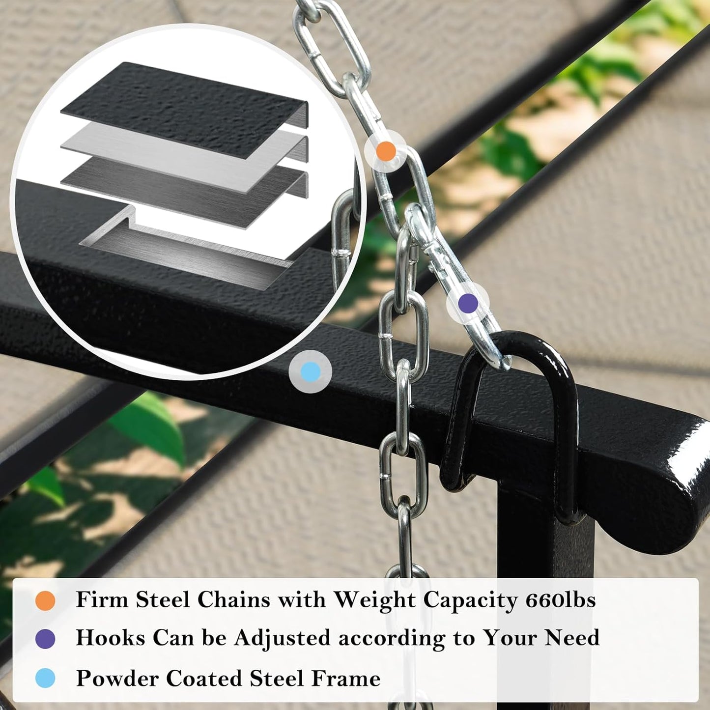 Textilene 3 Seat Hanging Swing, 5.2FT Patio Bench Swing, 660lbs Heavy Duty Outdoor Porch Swing with Hanging Chains for Courtyard, Garden, Tree, Yard-VerdiqueGarden