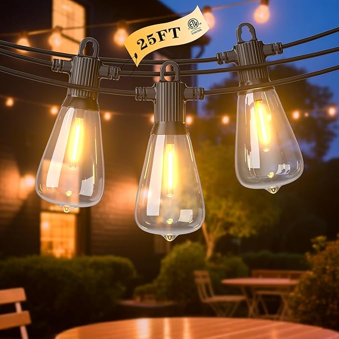 LED Outdoor String Lights, 25FT Outside Waterproof Patio Lights with 12+1 Shatterproof ST38 Edison Bulbs, 2700K Warm White Hanging Light, Dimmable Light for Back Yard Porch Party Gezebo-VerdiqueGarden