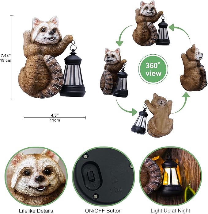 Raccoon Tree Hungger with Solar Lantern - 7.4 Inch Raccoon Outdoor Statue for Garden Yard Decor Outside,Best Garden Gifts for Mom,Women-VerdiqueGarden