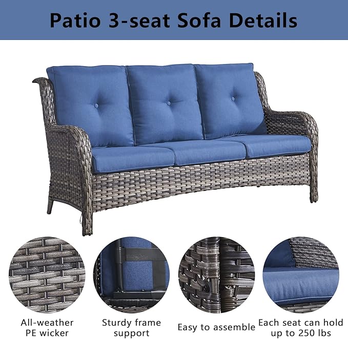 5 Piece Outdoor Patio Furniture Set - Wicker Furniture Patio Conversation Set, Outdoor Swivel Rocker Chairs with 3-Seater Sofa and 2 Ottomans for Small Space, Blue Cushion-VerdiqueGarden