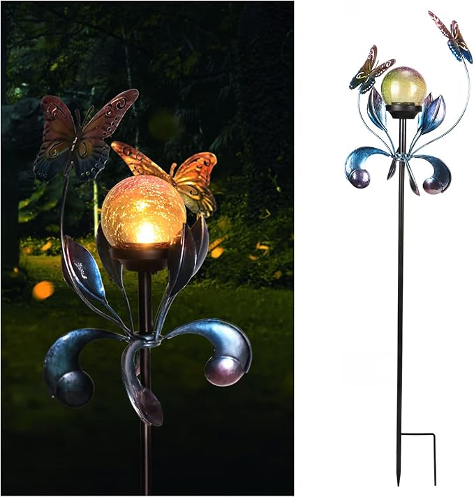 VCUTEKA Solar Lights Outdoor Metal Garden Stake Waterproof Crackle Glass Globe Garden Decor Butterfly for Pathway, Lawn, Patio, Yard-VerdiqueGarden