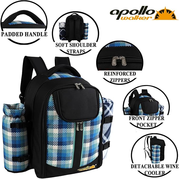 apollo walker Picnic Backpack Bag for 2 Person with Cooler Compartment, Detachable Bottle/Wine Holder, Fleece Blanket, Plates and Cutlery Set-VerdiqueGarden