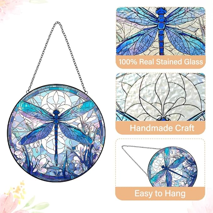 Dragonfly Decor Suncatcher Stained Glass Window Hanging - Handmade Artistic Suncatchers for Windows Hanging - Wall Home Decor Suncatcher with Metal Chain and Hook Gift for Women Mom Home Porch Garden-VerdiqueGarden