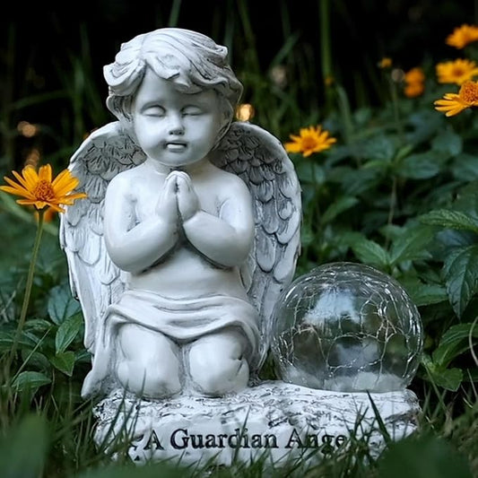 Angel Decor Praying Cherubs Statue, Garden Decor with Solar Crackle Glass Globe for Lawn Patio Decorations-VerdiqueGarden