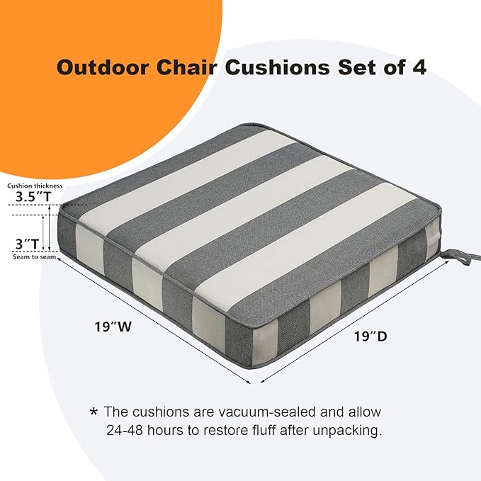 Square Corner Seat Cushions, 19" x 19" x 3", Set of 4, Indoor Outdoor Water Repellent Universal Chair Pads with Ties for Patio Furniture, Garden Deck Dining Chairs, Gray Stripe-VerdiqueGarden