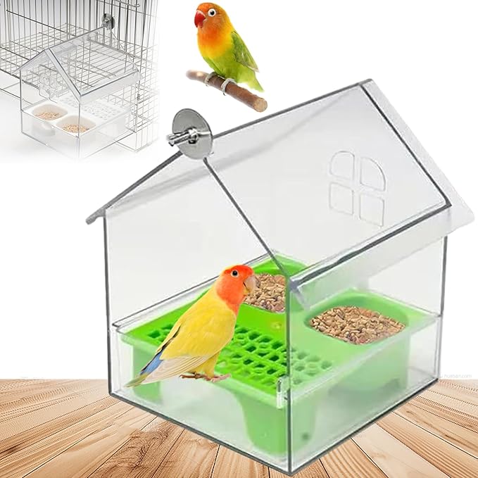 2026 New Pull-Out External Parrot Feeder, Bird Bath for Cage, 7*6*5.5in Bird Feeder House, Transparent Parakeet Cage Accessories, Easy To Fill, Clean, Long-Lasting, for Finch and Hummingbird (Green)-VerdiqueGarden
