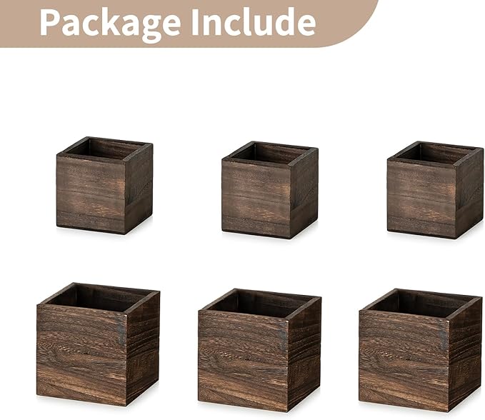 NUPTIO Wooden Box for Centerpiece Wedding: 6 Pcs Rustic Square Planter Box for Christmas Centerpiece Table Fall Decorations - 4×4" & 5×5" Small Wood Vases Flower Pots for Windowsill Home Garden Decor-VerdiqueGarden