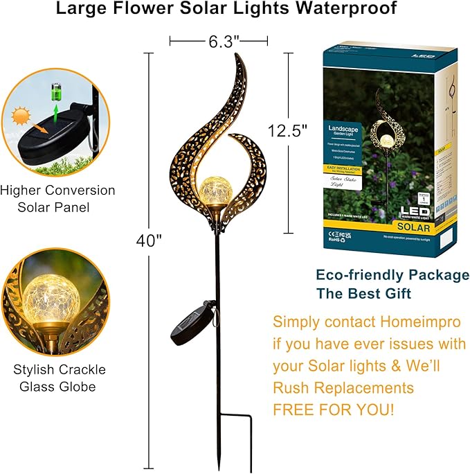 HOMEIMPRO Outdoor Garden Solar Lights Stake，Crackle Glass Globe,Metal Flower Waterproof LED Fairy Lights for Pathway,Lawn,Patio or Courtyard,Gardening Gift (Bronze)-VerdiqueGarden