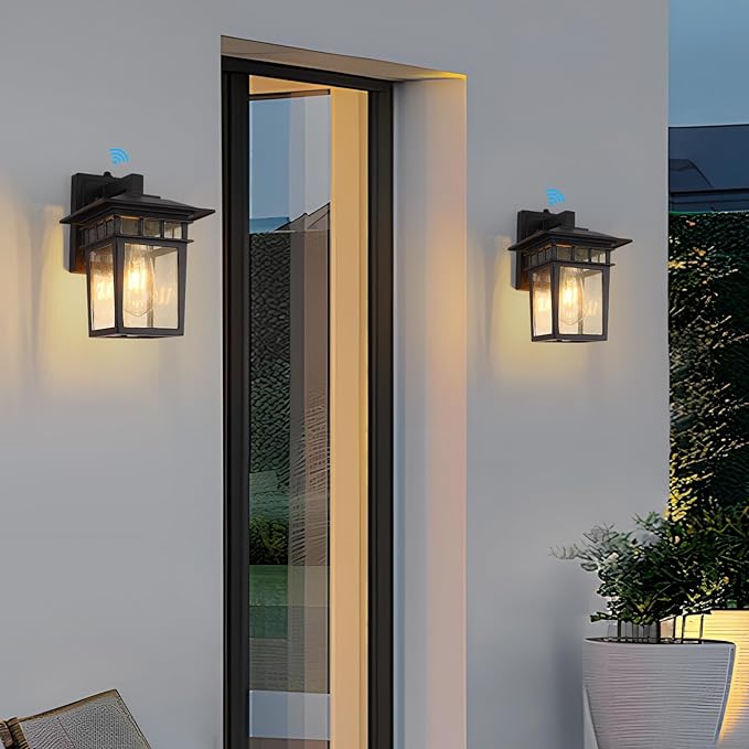 Outdoor Wall Lantern, Exterior Lighting Fixtures Wall Mount, 2 Pack Black Outdoor Sconce with Seeded Glass, Dusk to Dawn Exterior Porch/Patio Lights for House Front Door Garage-VerdiqueGarden