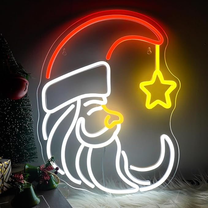 Moon Christmas Santa Neon Sign,Cute Anime Neon Light,Moon Star Neon Sign for Wall Decor,Red Christmas Hat USB Neon Light Sign for Party Store Living Room Bar Door Kids Bedroom Christmas Gift-VerdiqueGarden