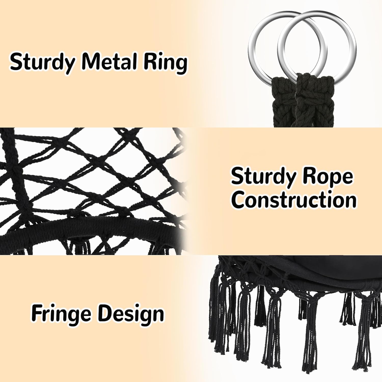 Macrame Hammock Hanging Swinging Chair with Oversized Cushion, Perfect for Bedroom, Porch, Kids, Adults, Balcony, Black-VerdiqueGarden