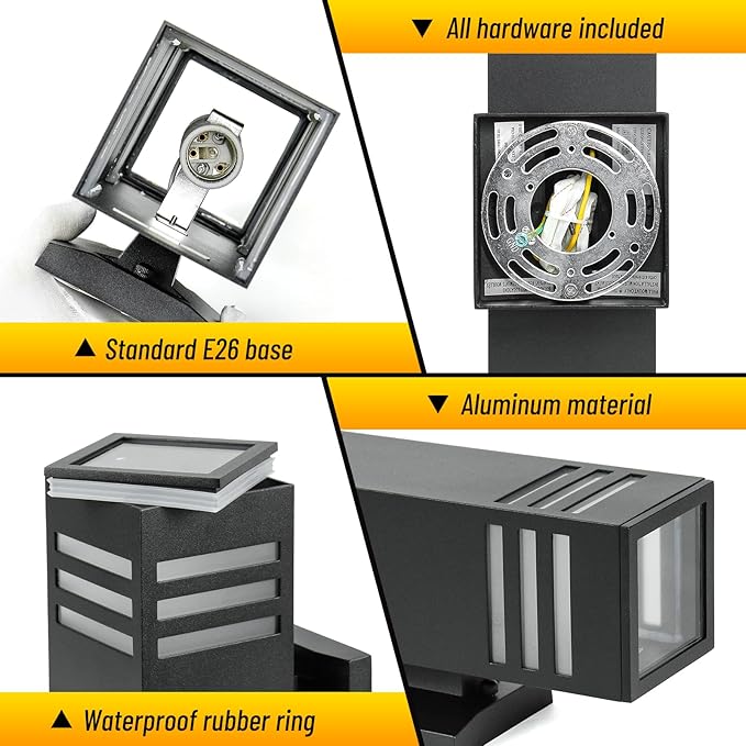 2 Pack Outdoor Wall Lights, Up/Down Modern Wall Sconce Exterior Lighting Fixture Square Wall Lamp Aluminum IP65 Waterproof Wall Mount Porch Lights ETL Listed E26 Bulbs Included 2700K-VerdiqueGarden