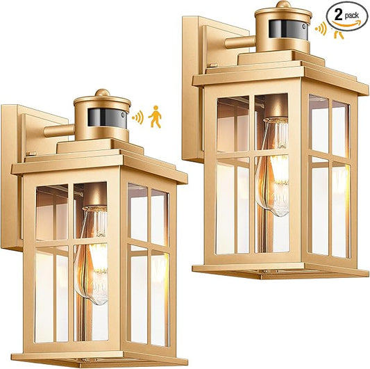 Gold Motion Sensor Outdoor Lights, Waterproof Exterior Lighting Fixtures, Aluminum Modern Outdoor Wall Lights Exterior, Transparent Glass Outdoor Porch Lights for House, Garden, Yard, E26 Base-VerdiqueGarden