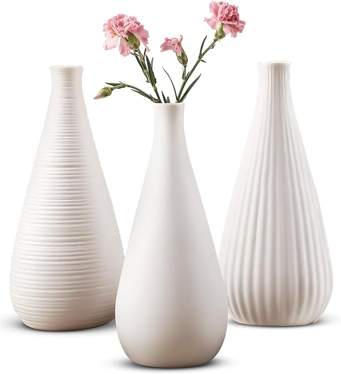 White Vases Home Decor Modern Ceramic Decorative Vases for Home Decor, Flower Vases & Centerpiece, Minimalist Design Set of 3-VerdiqueGarden