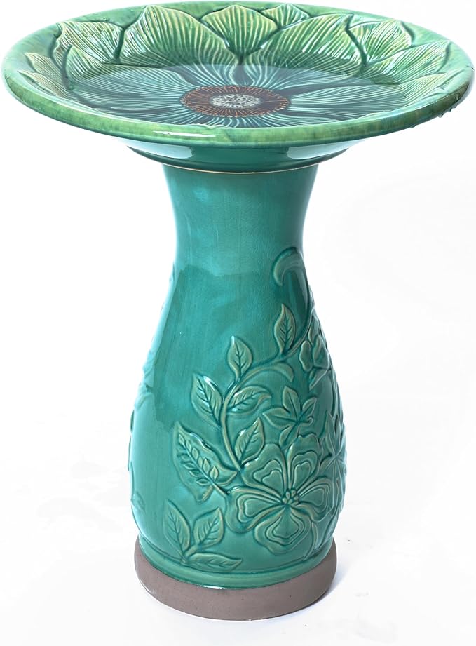 LuxenHome 23 Inch Ceramic Bird Bath for Outside, Elegant Tall Outdoor Bird Bath, Lightweight Pedestal Glazed Birdbaths for Outdoors with Floral Embossed Design, Jade Green-VerdiqueGarden