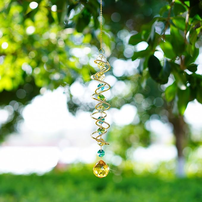 H&D HYALINE & DORA Glass Gazing Ball Spiral Tail Decorative Sun Catcher,17.7in Rainbow Maker Double-Spiral W/Yellow Crystal Ball Prism Sun Catcher for Indoor Outdoor Garden Decoration-VerdiqueGarden