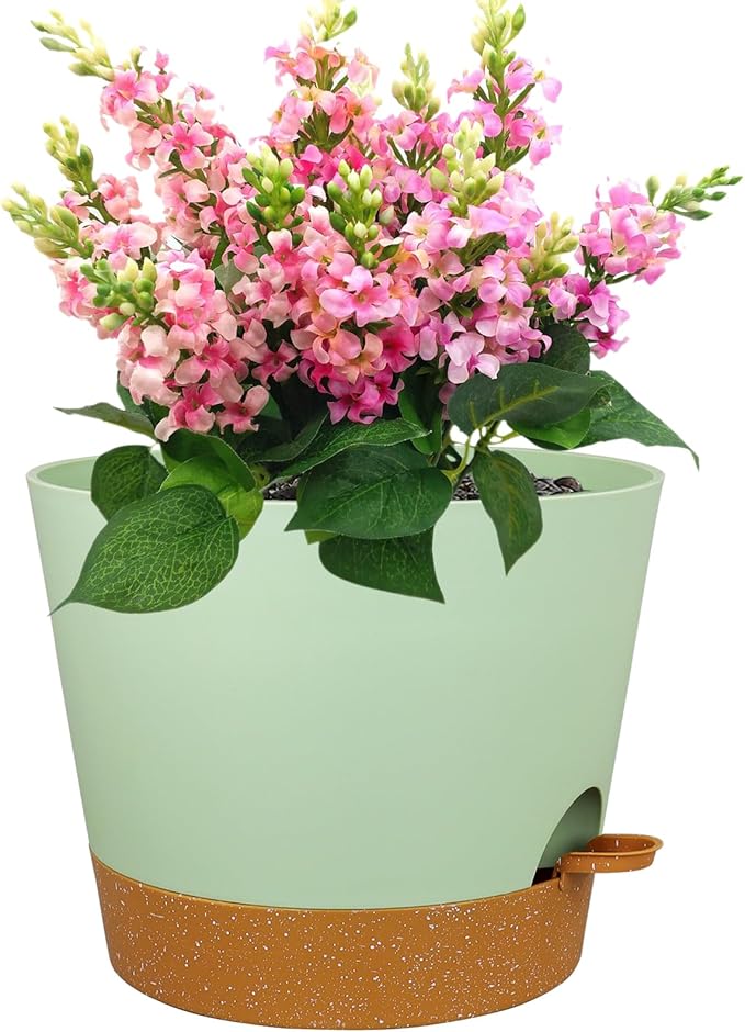 12 inch Large Self Watering Pots for Indoor Outdoor Plants, Flower Plant Pots with Drainage Holes for Garden House Plants, Plastic Planters with Reservoir for Home Plants, Green with Brown-VerdiqueGarden