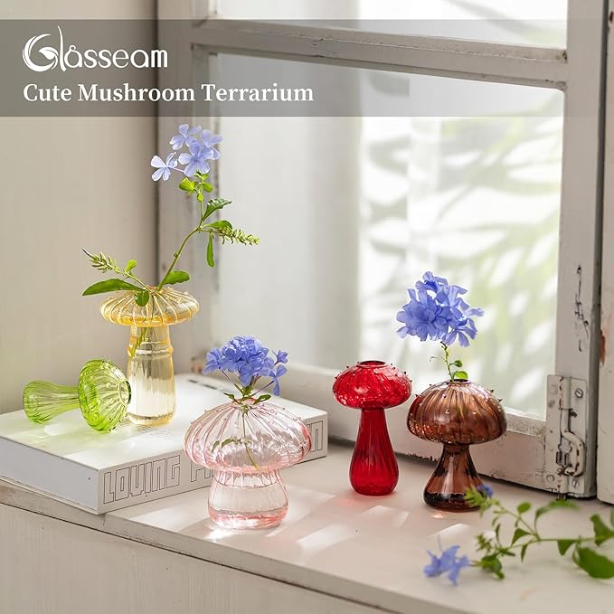 Glasseam Mushroom Planter Propagation Vase, Set of 10 Glass Terrariums for Plants, Cute Hydroponic Small Planter, Colored Propagate Station, Decorative Bud Vases for Flowers, Unique Gifts for Women-VerdiqueGarden