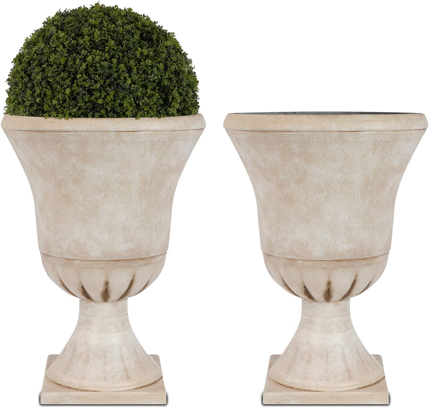 Worth Garden Plastic Urn Planters for Outdoor Plants, Tree 22'' Tall 2 Pack Round Classic Resin Flower Pots Indoor Beige Traditional Front Porch 15 in Dia. Large Imitation Stone Decorative Patio Deck-VerdiqueGarden