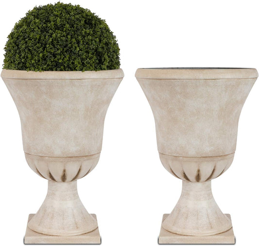 Worth Garden Plastic Urn Planters for Outdoor Plants, Tree 22'' Tall 2 Pack Round Classic Resin Flower Pots Indoor Beige Traditional Front Porch 15 in Dia. Large Imitation Stone Decorative Patio Deck-VerdiqueGarden