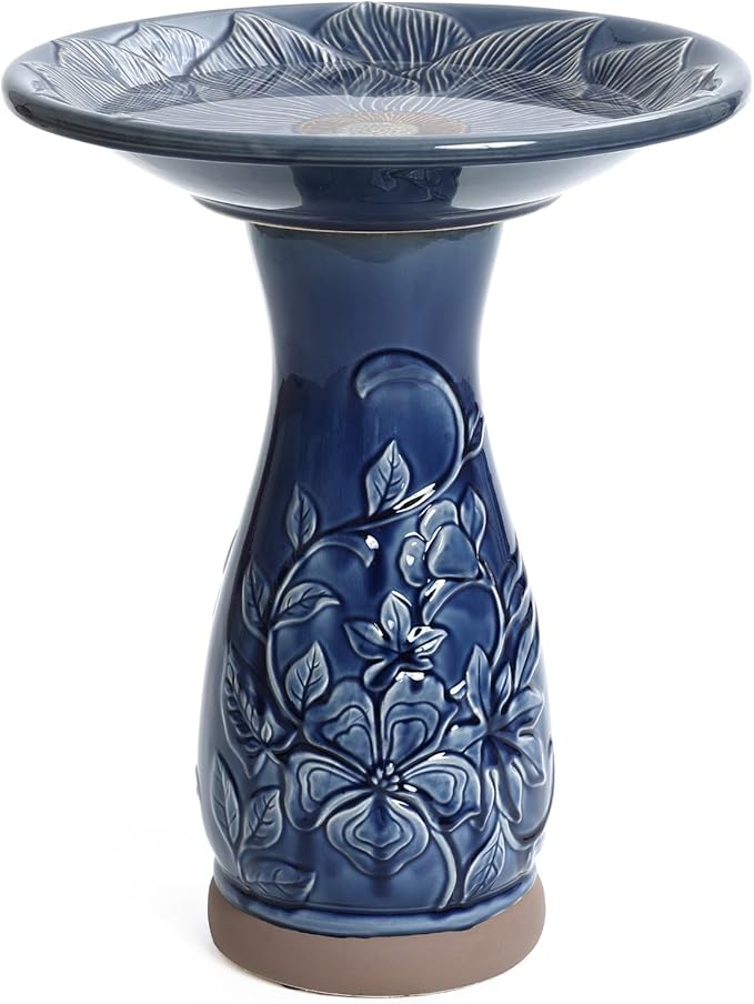 LuxenHome 22 Inch Ceramic Bird Bath for Outside, Elegant Tall Outdoor Bird Bath, Lightweight Pedestal Glazed Birdbaths for Outdoors with Floral Pattern, Deep Blue-VerdiqueGarden