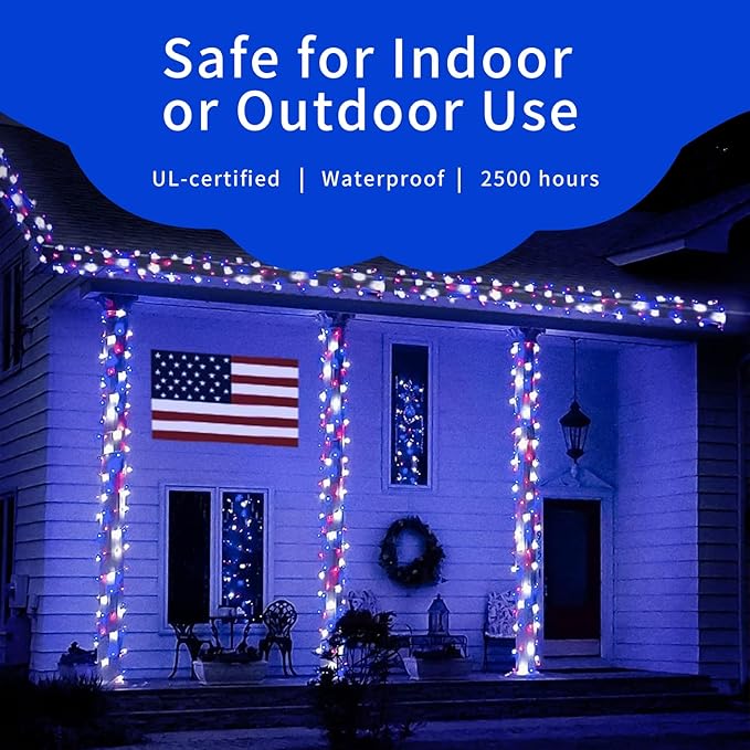 Ultra-Bright Connect End to End Red White and Blue Christmas Mini Light 100L 19.6Ft UL Listed Incandescent Bulb String Light Set for Indoor Outdoor National Day Garden Christmas Tree Decor-VerdiqueGarden