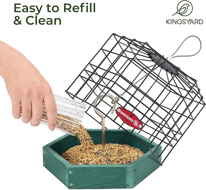 Kingsyard Squirrel Proof Platform Bird Feeders for Outdoor Hanging, Caged Bird Feeder for Small Wildbirds, Recycled Plastic Feeding Platform with Metal Seed Tray, Green-VerdiqueGarden