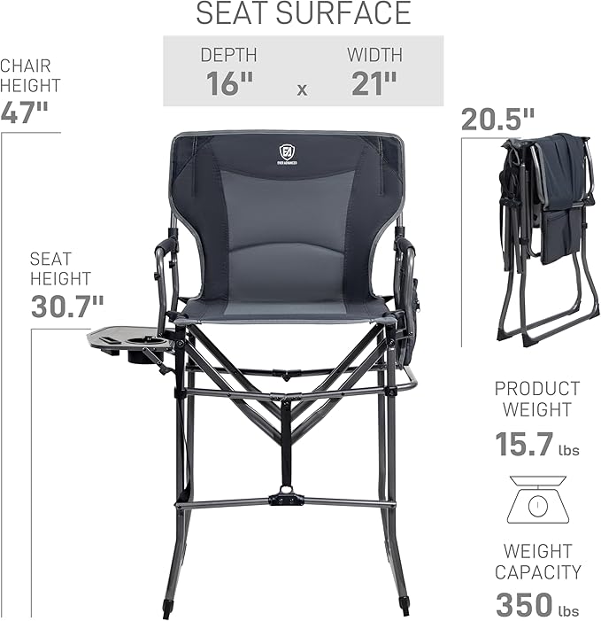 EVER ADVANCED Portable 30.7" Seat Height Tall Folding Camping Chair Directors Chair High Foldable Bar Stool with Side Table for Makeup Artist, Sports Event, Craft Show, Supports 350LBS Grey-VerdiqueGarden