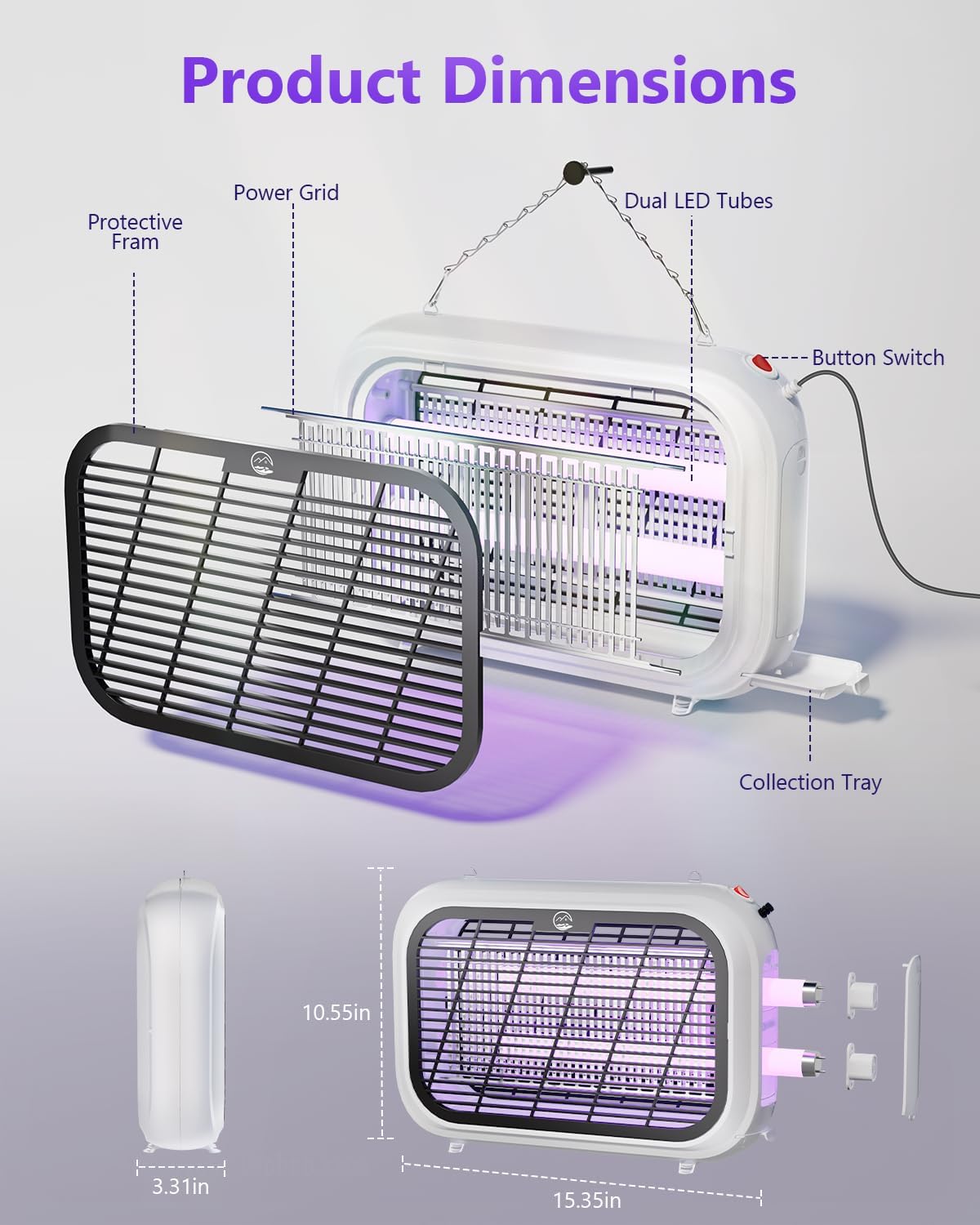 Bug Zapper Indoor, High Voltage Electric Mosquito Zapper, Durable Fly Trap Mosquito Trap, Fly Zapper with Removable Washable Tray for Home Patio Backyard, Including 2 Replacement Bulbs-VerdiqueGarden